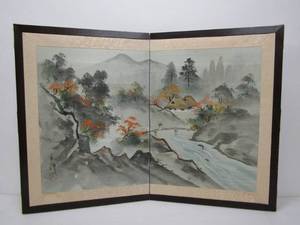 lot 138 image: Original Japanese Mountain Scene Watercolor 2 Panel Folding Screen Small
