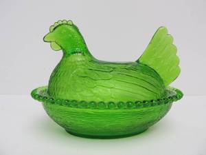 lot 144 image: Vintage Green Glass Chicken Covered Dish