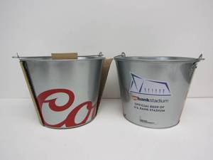lot 32 image: Matching Pair of Brand New MN Vikings US Bank Stadium Coors Light Metal Beer Buckets