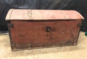 lot 3 image: Early Antique Dome Top Immigrant Trunk wOriginal Working Key - Dated 1842