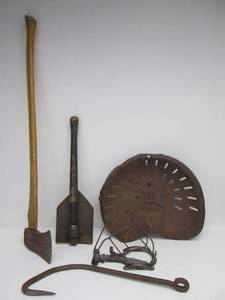 lot 288 image: Group w Axe Tractor Seat WW2 Foxhole Shovel etc