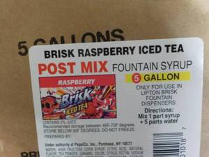 lot 289 image: 5 Gallon Brisk Raspberry Iced Tea P...