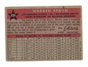 lot 20 image: 1959 Topps Warren Spahn Baseball Card 494