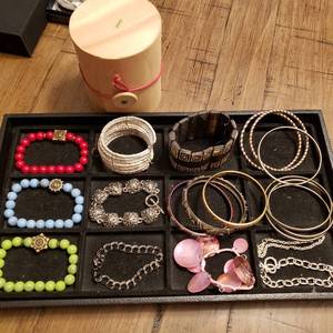 Assorted Bracelets & Bangles, Round Wood Storage Box