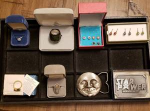 4-Rings (1-Jade, 1-England), Pierced Earrings, 2-Belt Buckles