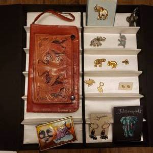 Collection Of Elephant Jewelry, Pins, Purse, Stash Box