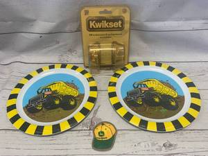 lot 68 image: Tonka Plates, John Deere Magnet, New Kwikset Lock