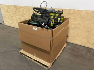 Pallet of 6 Electric Lawn Mowers.  RYOBI, SCOTTS.