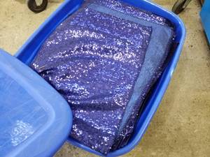 lot 201 image: Aqua Blue Satin Dcor Fabric, Navy Blue Sequin Table Runners