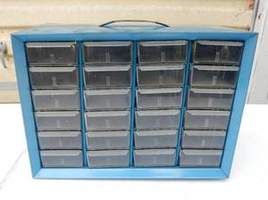 lot 122 image: Vintage Akro-Mils Metal Case 24 Drawer Hardware Storage Cabinet