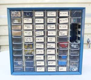 lot 196 image: Vintage Akro-Mils Metal 57 Drawer Parts Storage Cabinet With Electronic Components and Hardware