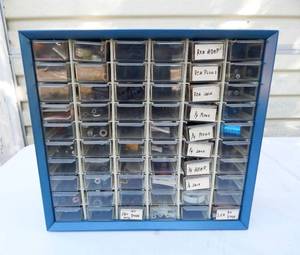 lot 195 image: Vintage Akro-Mils Metal 60 Drawer Parts Storage Cabinet With Electronic Components