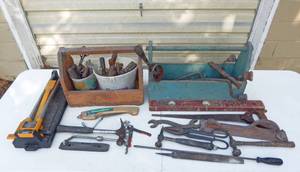 lot 201 image: Vintage Wood Tool Boxes, Vintage Tools and Tile Cutter
