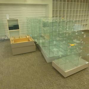lot 194 image: Big Lot of Glass Cube Shelving and Rolling Stands