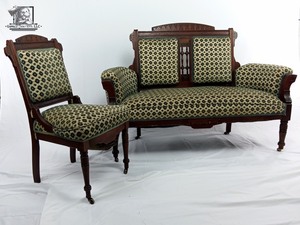 Antique 1890s Settee & 1 Chair Upholstery Carved Wood Wheel Victorian Ornate Parlor (Valued at $1,450)