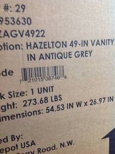lot 24 image: &nbspHOME DECOR COLLECTION Hazelton 49 in. W x 22 in. D Bath Vanity Only no Top in Antique Grey costumer returns whit small damage on the legs stock photo used for display models 