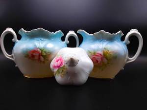 lot 100 image: R. S. Prussia Red Mark Light Blue Rose Sugar and Creamer Set