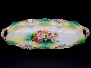 lot 115 image: R.S. Prussia Red Mark Green and Yellow Outlined Roses Celery Dish