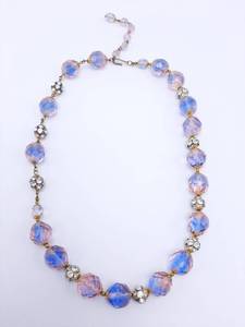 lot 208 image: Pink Glass Beads with Purple Blue Centers and Rhinestone Beaded Necklace