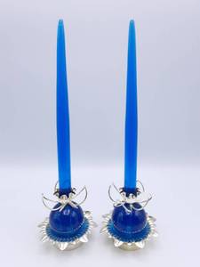 lot 315 image: Pair of Mid Century Modern Lucite Blue Candlestick Holders with Candlesticks