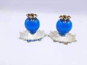 lot 316 image: Pair of Mid Century Modern Lucite Blue Lucite Ball Candlesticks