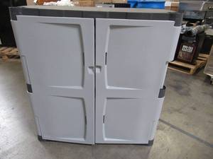 lot 227 image: Rubbermaid 7085 Plastic Storage Cabinet Base Double Door 36W x 18D x 37H, WG257927 - Missing 1 Side Panel.