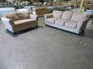 lot 4 image: Hughes Furniture Inc. Beige Sofa and Love Seat - Used.