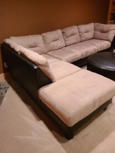lot 30 image: TaupeGrey And Black Sectional With Black Ottoman