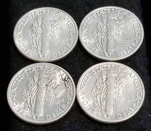 4 AU-UNC MERCURY DIMES 1940-D 1941 1944 1945