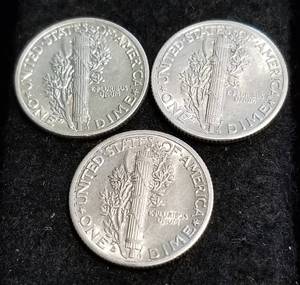 3 AU-UNC MERCURY DIMES 1937 1940-D 1941