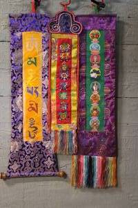 lot 159 image: Three Asian Multi-Colored Scroll Hangings