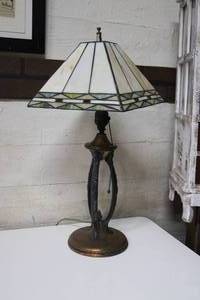 lot 21 image: Antique Mixed Metal Table Lamp wMission Style Slag Glass Shade