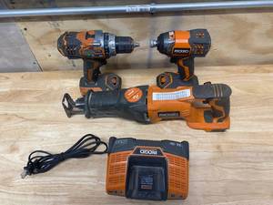 RIGID Lot of 3 battery powered tools.  Screw gun, Sawzall, and Impact Driver (see photos for model numbers)
