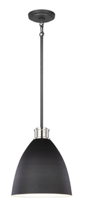 SEA GULL LIGHTING Varus 10.5 in. W 1-Light Matte Black Metal Modern Industrial Pendant with Brushed Nickel Accent and White Inner Shade
