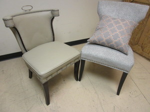 lot 305 image: SHELLY RIEHL DESIGNS LEATHER ACCENT CHAIR, UPHOLSTERED ACCENT CHAIR, DECORATIVE PILLOW