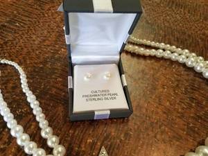 lot 160 image: New Pearl Colored Bead Necklace and a New Pair of Pearl Earrings