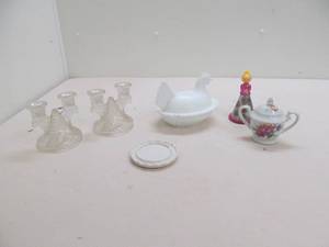 vintage sugar dish, hen on nest, candle sticks