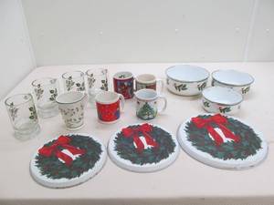 holiday mugs, pans, stove burner covers