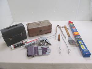 vintage tackle , lunch boxes,gloves,chaulking gun, shade