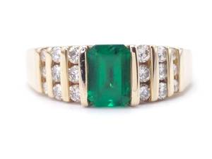 Fancy Vibrant Natural Emerald and Diamond Estate Ring in 14k Yellow Gold $4250