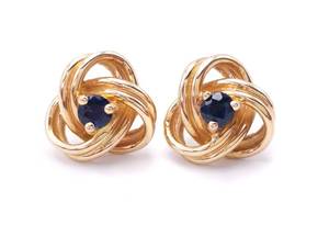 Natural Sapphire Love Knot Estate Earrings in 14k Yellow Gold
