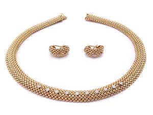Gorgeous High-End Diamond and 14k Yellow Gold Designer Necklace and Earring Set 93.6 Grams - $15,550
