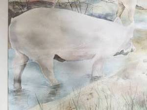 lot 38 image: Fine Art Watercolor- Pigs in the Stream by M. Overton Davidson