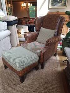 lot 8 image: Basket Weave Wicker Armchair and Ottoman Set