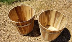 lot 212 image: Wood Barrel Planters, set of 2