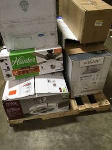 lot 31 image: PALLET WITH HOME DECOR COLLECTIONESSICKAIR CEILING FANS CUSTOMER RETURNS SEE PICS
