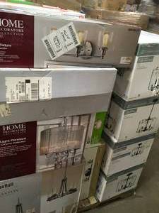 lot 36 image: PALLET WITH HOME DECOR COLLECTION CEILING LIGHTS DIFFERENT SIZES & STYLES CUSTOMER RETURNS SEE PICS