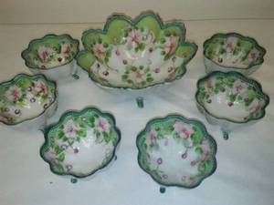 lot 72 image: 7 pc (rare) Vintage Moriage Nippon Hand painted, Berry Bowl set