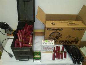 lot 88 image: Winchester 12 gauge 8 shot new box, ammo box, reload shells & more.