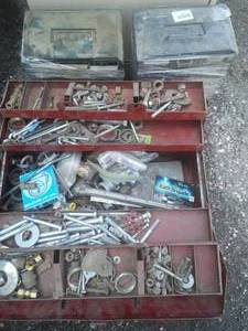 lot 107 image: 2 metal parts bins & large toolbox includes Contents.